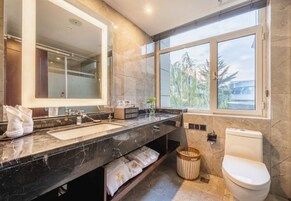 A modern bathroom with a large mirror, two sinks, a toilet, and a window providing a view of the outdoors.