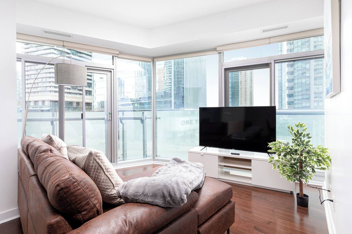 A modern living room with a leather sofa, a flat-screen TV, and a potted plant.