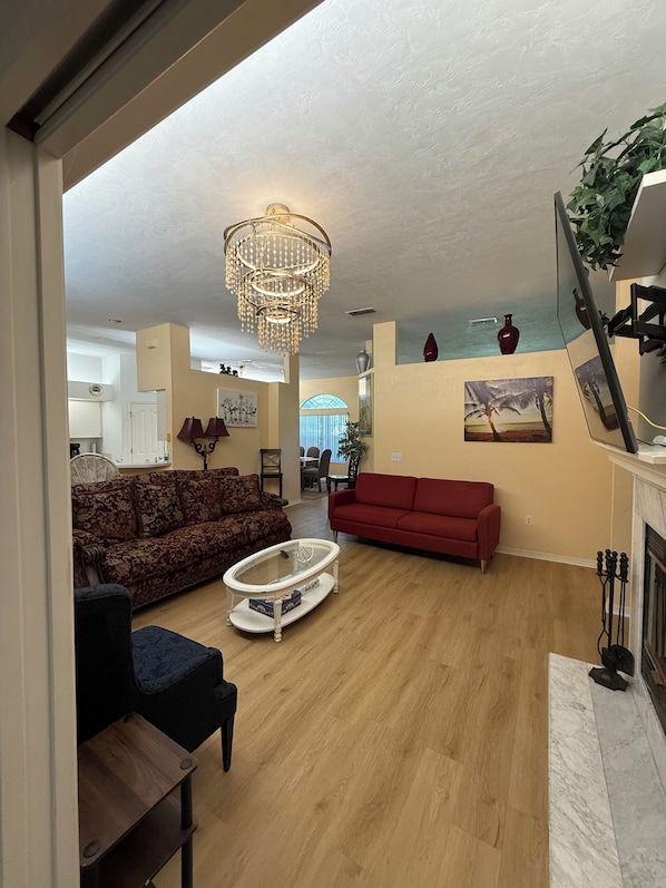 Smart TV, fireplace, books