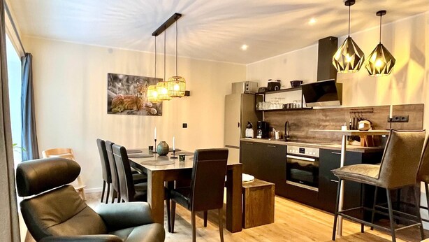A modern living room with a dining area, kitchen, and a fur rug on the floor. - App. 5 - wohlB2 (3 Zi, 2 adult + 2 kids) (Braunlage)