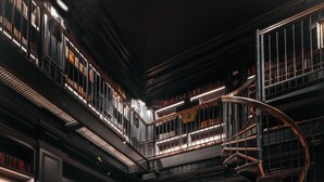A library with bookshelves, a spiral staircase, leather furniture, and a red armchair.