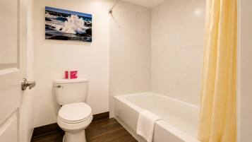 A bathroom with a toilet, a bathtub, and a shower curtain.