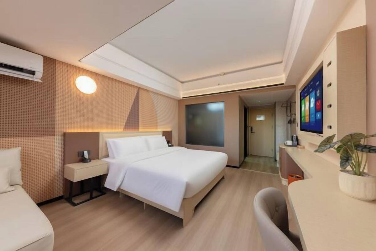 A hotel room with a bed, bedside table, TV, and a desk with a plant.
