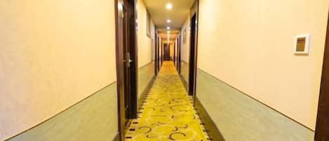 A hotel hallway with a patterned carpet, doors on both sides, and a light-colored wall.