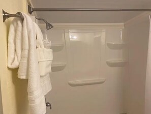 Hair dryer, towels, toilet paper