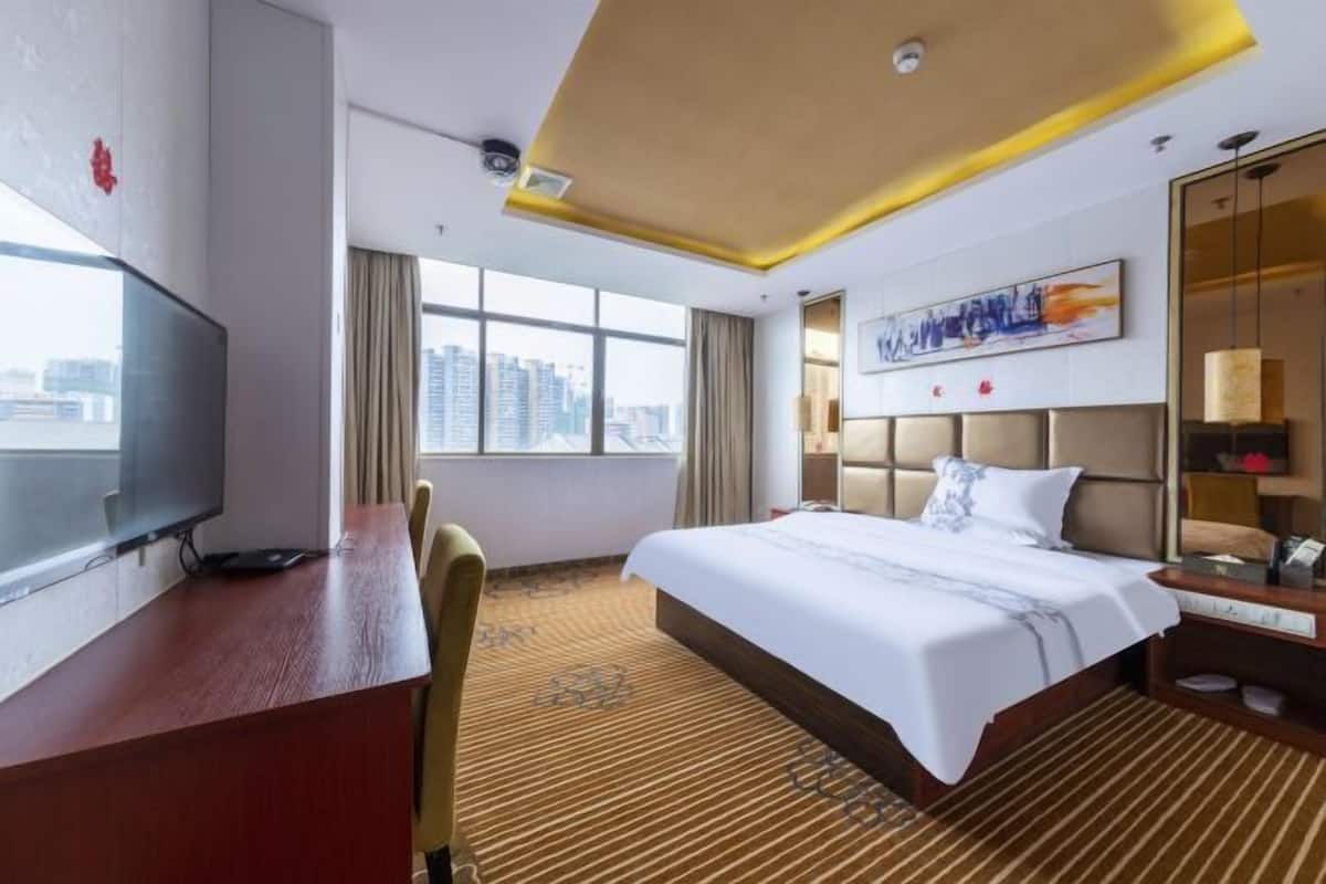 A hotel room with a bed, a desk, a chair, a TV, a large window, and a city view.