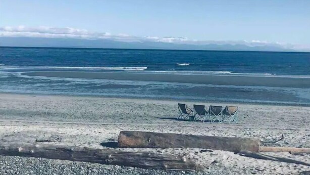 A beach with a row of empty beach chairs and a log on the sand.