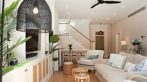 Smart TV, fireplace, table tennis, books
