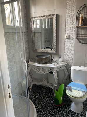 A bathroom with a shower, a sink with a stone basin, a toilet, and a mirror with an ornate frame.