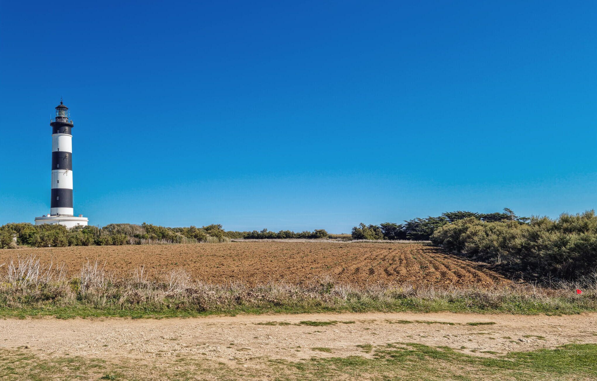 A lighthouse on a hill with a clear blue sky.