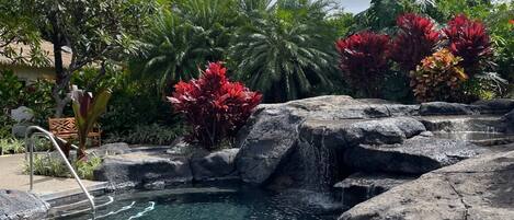 Zona de piscina con agua cristalina, rodeada de rocas grandes y palmeras.