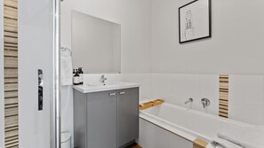 Hair dryer, towels, toilet paper