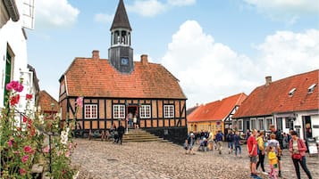 Une rue pavée menant à un bâtiment traditionnel surmonté d’une tour horloge, entouré d’autres bâtiments historiques.