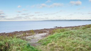 Eine Küstenlandschaft mit blauem Himmel, Sandstrand und einem grasbewachsen Vordergrund.