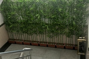 Una escalera con barandilla, una pared de bambú en macetas y un pequeño objeto iluminado a la derecha.