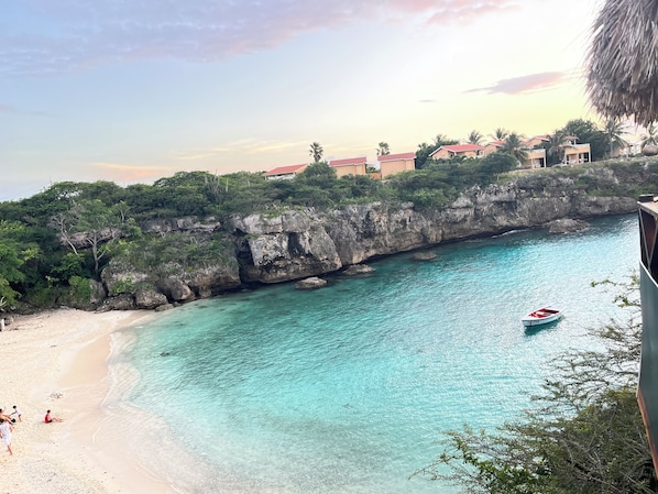 On the beach, sun-loungers, beach towels