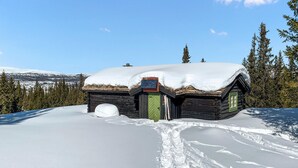 A log cabin with a snow-covered roof, surrounded by snow and trees. - Cozy home in Vinstra with kitchen (Vinstra)