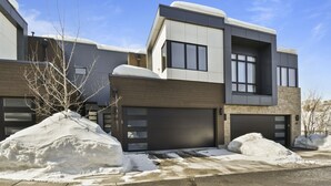 Une maison moderne à deux étages, dotée d’un garage, d’un toit enneigé et d’un arbre dans le jardin.