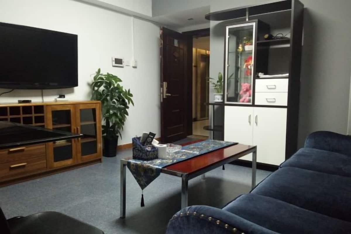 Un salon avec un téléviseur, un canapé, un meuble et une plante.