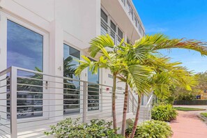 Stunning building with a clean facade and large windows, set amidst a lush palm tree-lined complex.