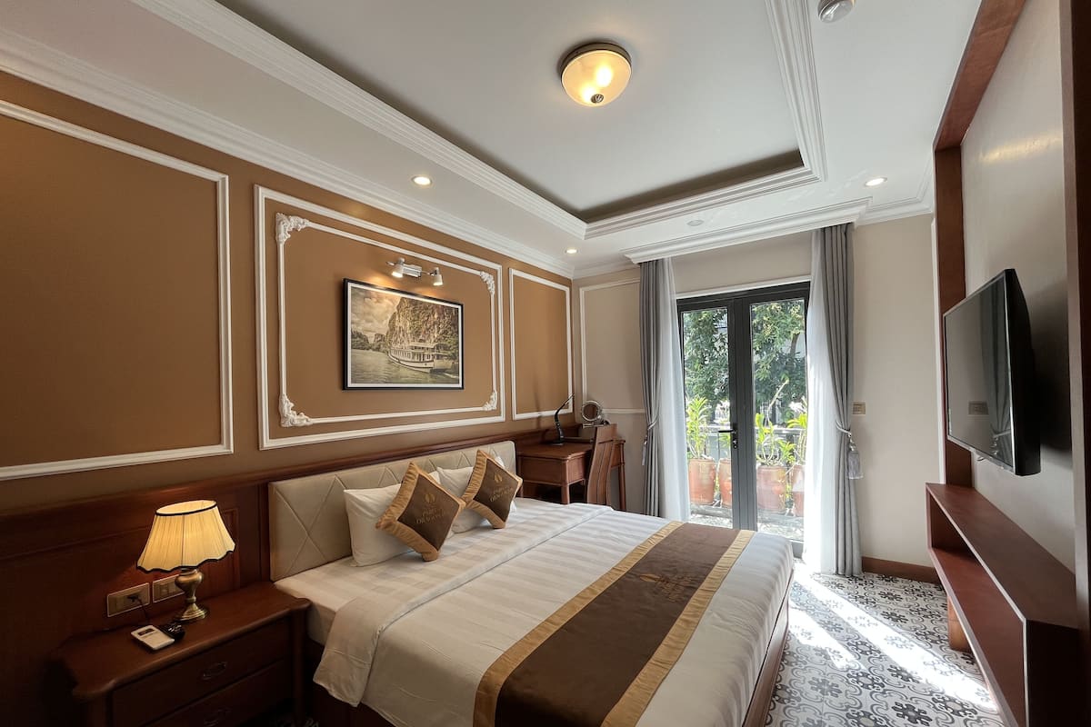 A hotel room with a large bed, a desk, a chair, a television, and a balcony with potted plants.