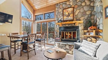 Smart TV, fireplace, DVD player, books