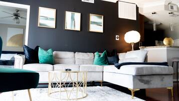 Smart TV, fireplace, books