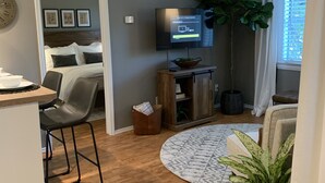 A modern living room with a flat-screen TV, a wooden coffee table, a round rug, and a large plant. - CHARMING...COMFORTABLE...CONVENIENT (Denton)