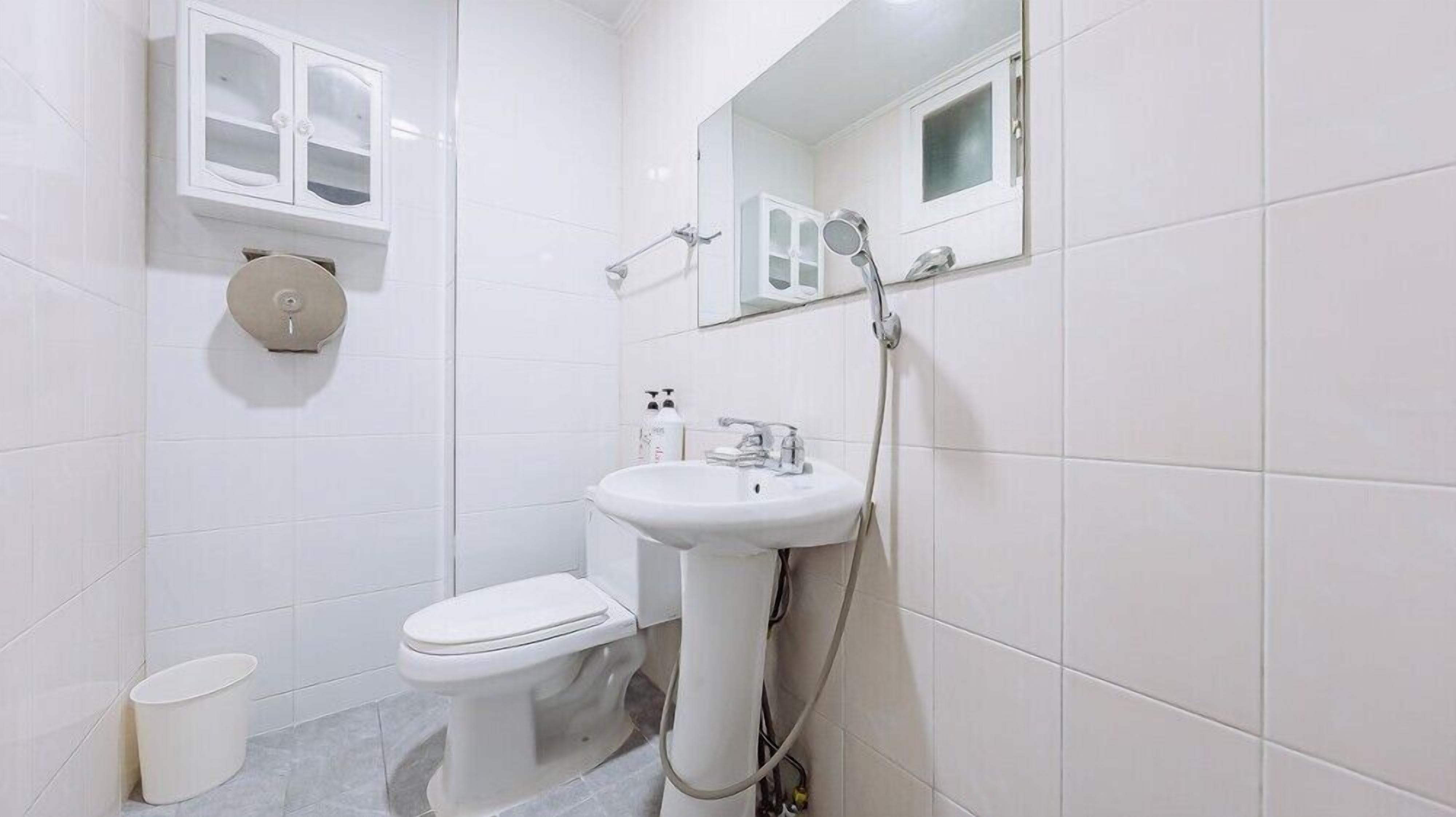 Un baño pequeño y limpio con inodoro, lavabo y ducha.