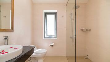 Shower, hair dryer, towels, soap