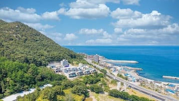 A coastal town with buildings near the sea, a road, and a hill with greenery.