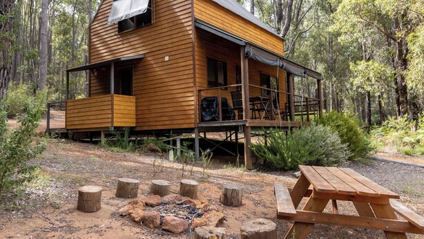 A wooden cabin with a porch, a fire pit, and a picnic table in a forest setting.