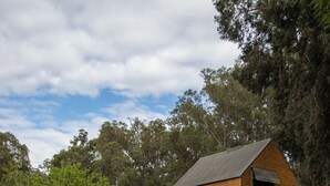 A wooden house with a porch, surrounded by trees and shrubs.