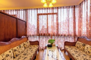 A room with two patterned sofas facing a central table with a plant, large curtains, and a wooden partition.