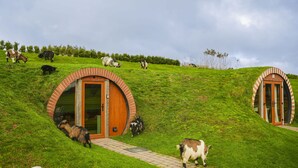 A hillside with a circular brick structure, possibly a building entrance, and a pathway leading to it. - Hedgehogs View -  a hobbit hut that sleeps 6 guests  in 3 bedrooms (Rhayader)