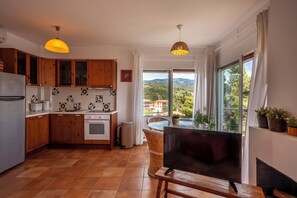 Fridge, oven, stovetop, coffee/tea maker
