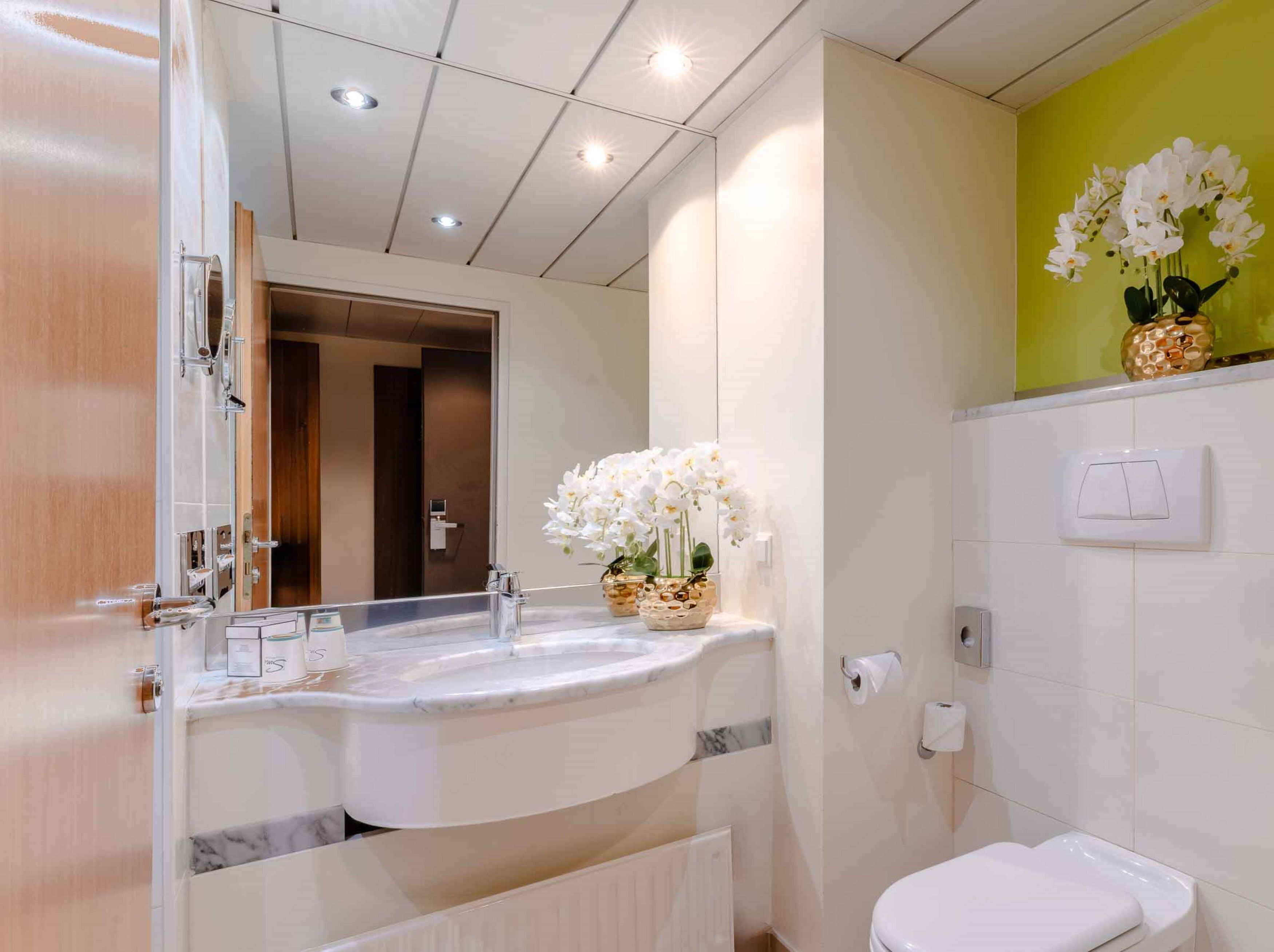 Ein modernes Badezimmer mit Marmorwaschbecken, Toilette und Spiegel.