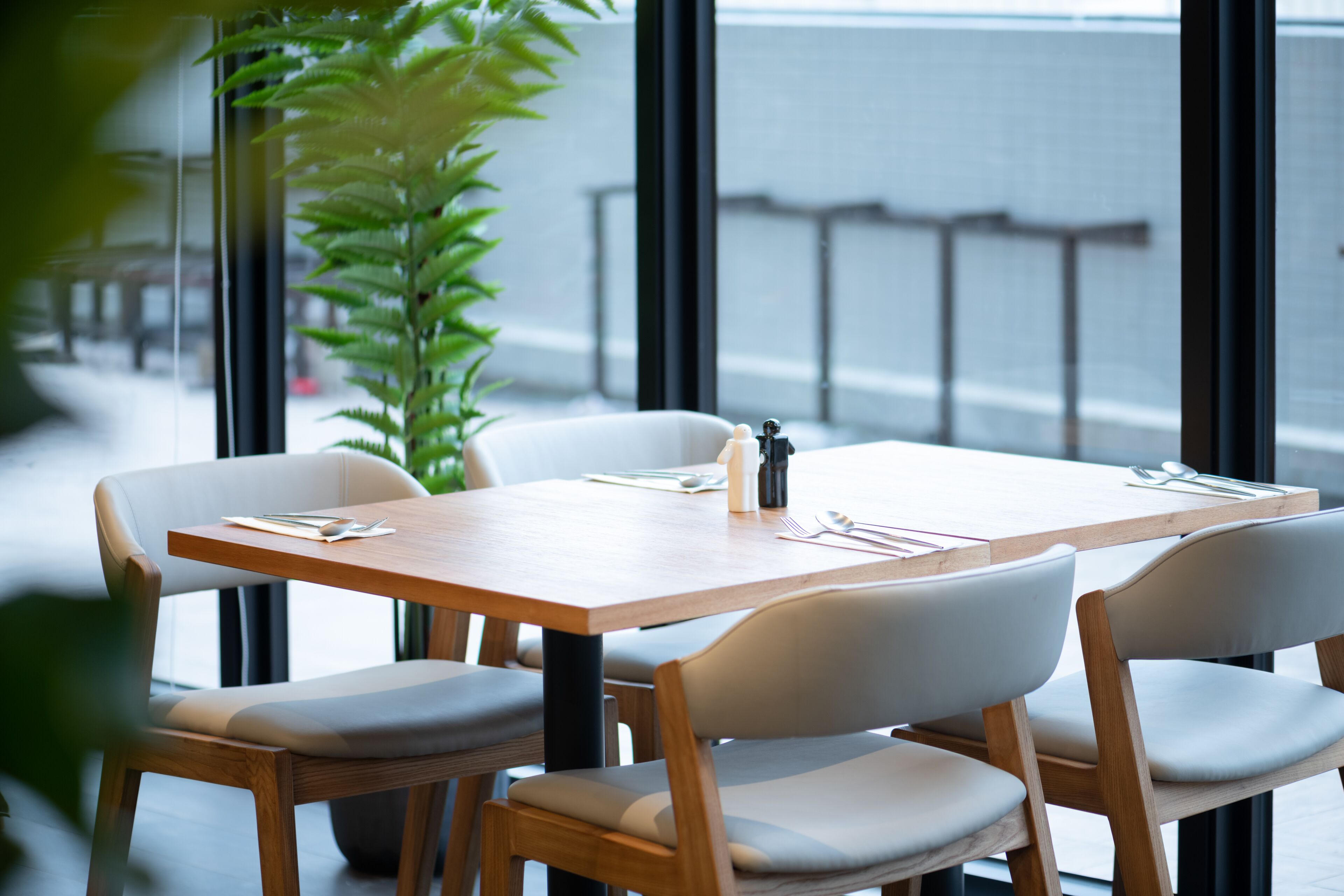 A modern dining area with a wooden table and four chairs, a potted plant, and a view through large windows.