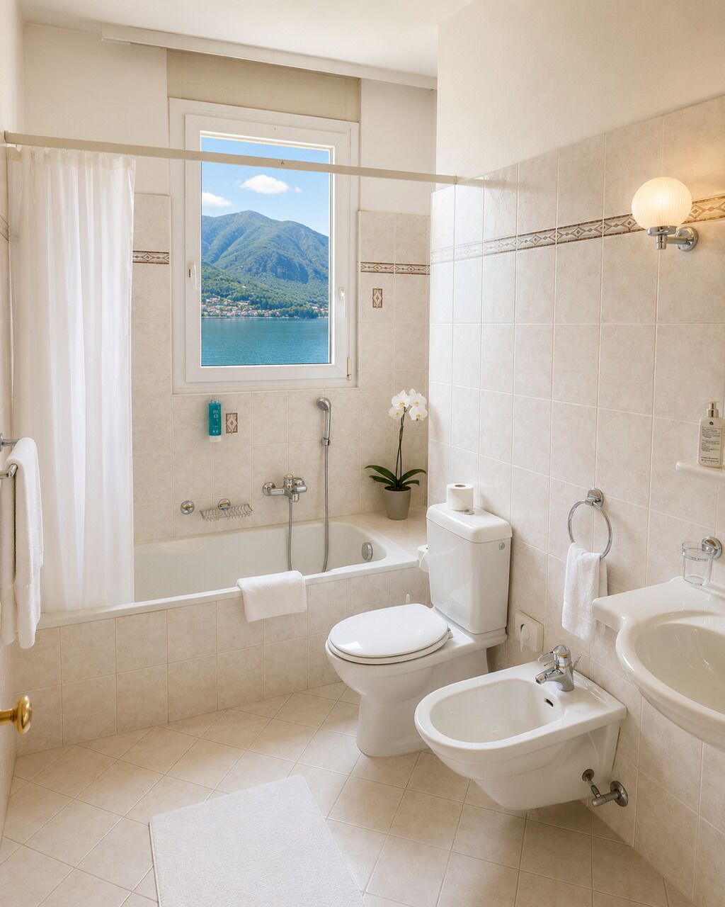 Une salle de bain équipée d’une baignoire, de toilettes, d’un bidet et d’un lavabo, une fenêtre donnant sur les montagnes et une orchidée en pot.