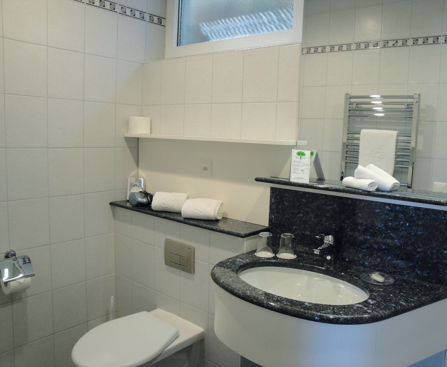 A bathroom with a white toilet, a sink with a granite countertop, and a mirror above the sink.
