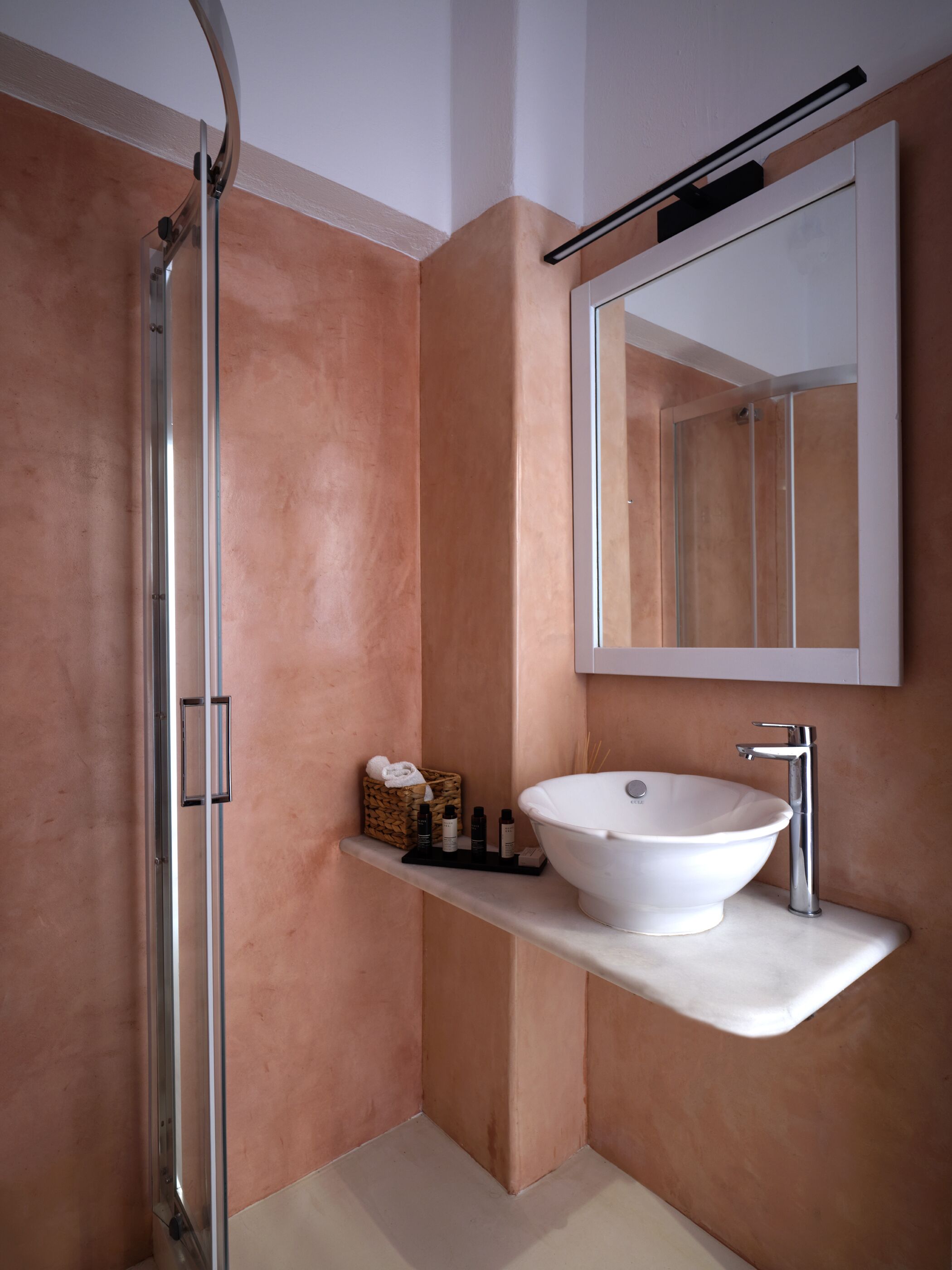 A modern bathroom with a glass shower enclosure, a white sink, and a mirror above it.