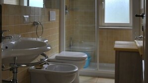 Une salle de bain avec douche, toilettes et lavabo.