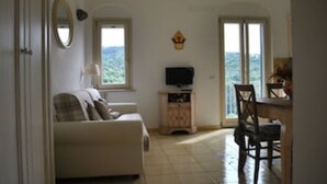 Un salon avec un canapé, un téléviseur posé sur un meuble en bois et une vue sur l’extérieur par une fenêtre.