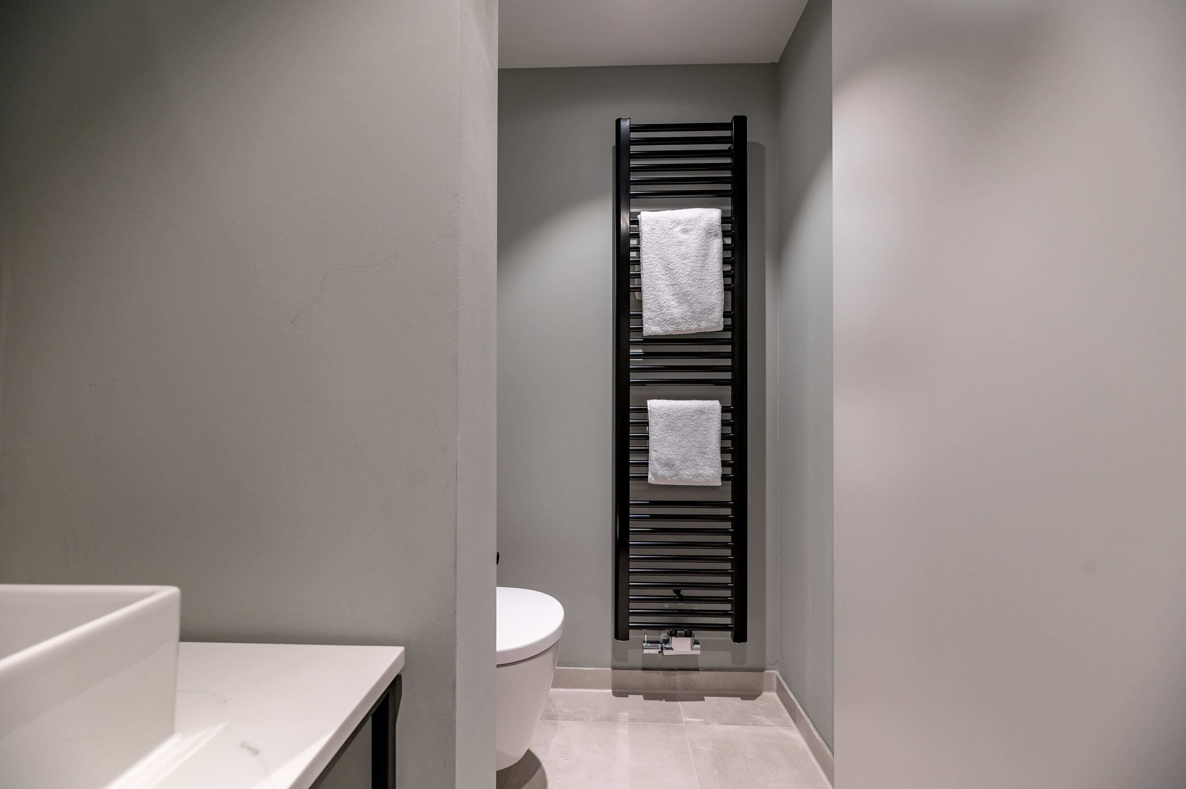 A bathroom with a white toilet, a white sink, and a black towel rack with two towels.