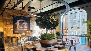 A modern cafe with wooden walls, round tables, and hanging plants.