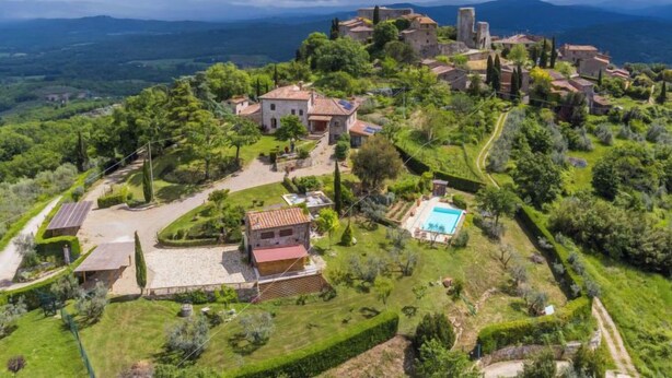 An aerial view of a hillside village with traditional stone houses, a swimming pool, and lush greenery. - Lunaria + Solaria + Nuvola by Interhome (Ambra)