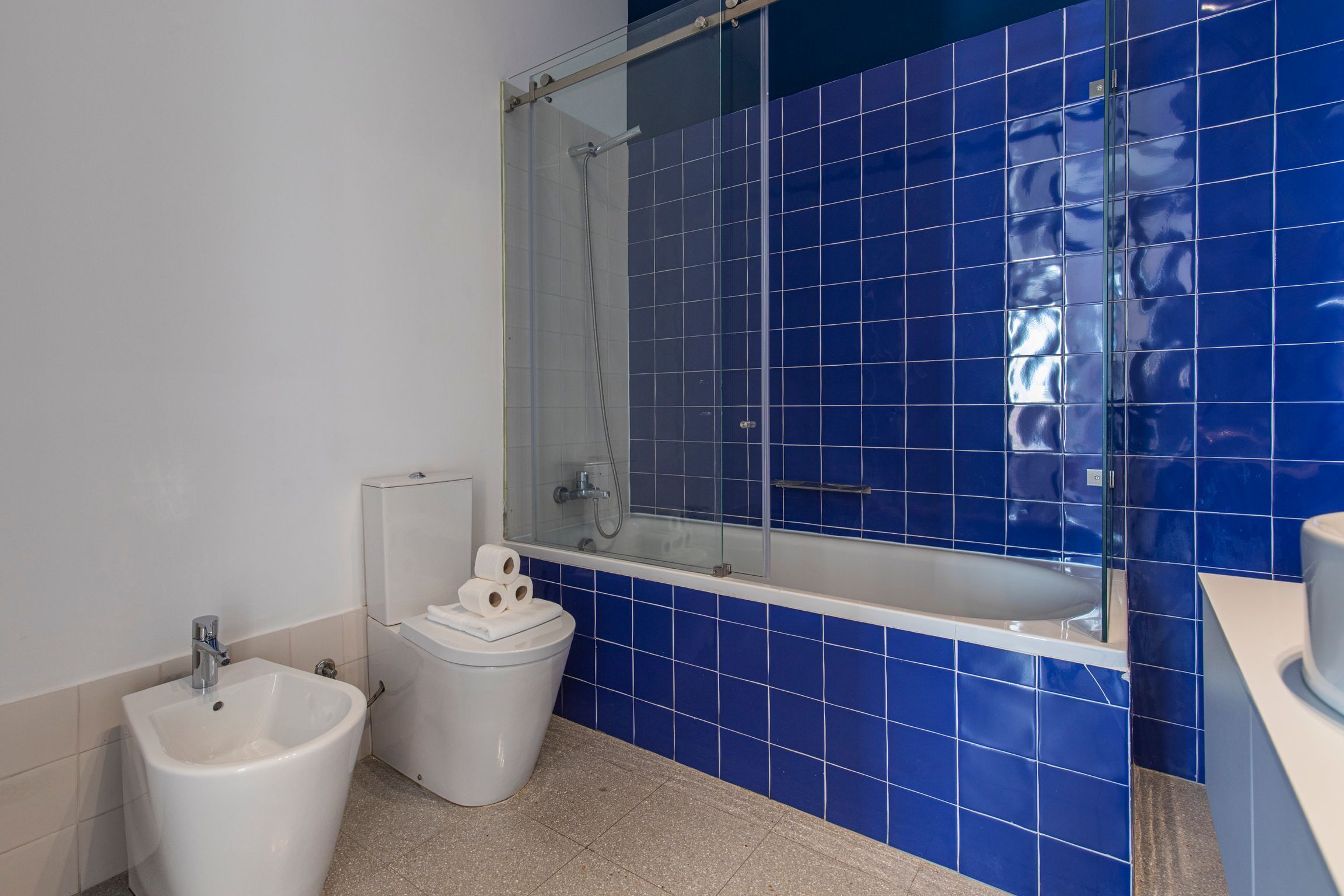 Ein Badezimmer mit einer Bidet, einer Toilette und einer Badewanne.
