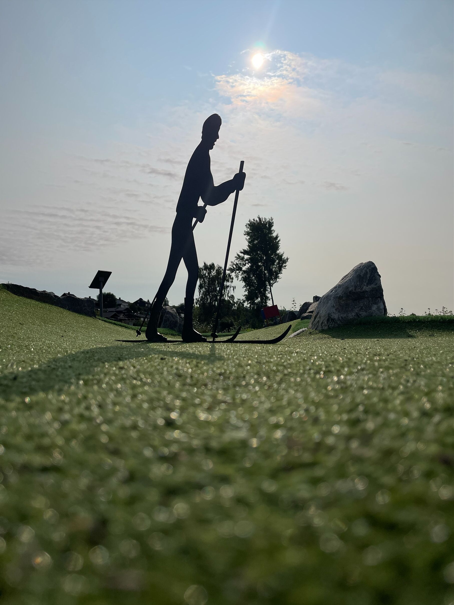 Silhouet van een persoon die met een wandelstok loopt, een grote rots en een zonnepaneel in een grasland met bomen op de achtergrond.
