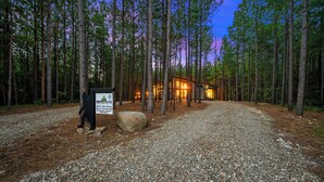 A lodge surrounded by tall pine trees with a gravel path leading to the entrance.
