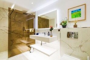 Douche, séchoir à cheveux, serviettes fournies